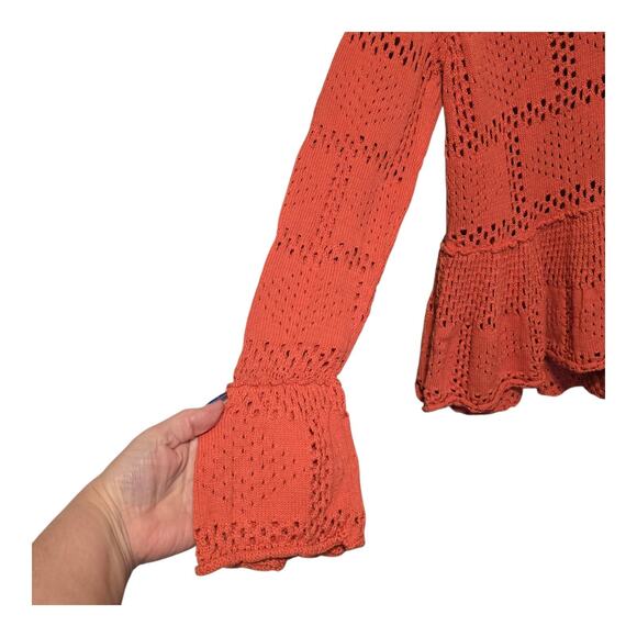 Pilcro Crochet Open Knit Pointelle Sweater Womens S Coral Bell Sleeve Peplum Hem - Picture 6 of 9